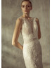 Beaded Boat Neck Ivory Lace V Back Wedding Dress